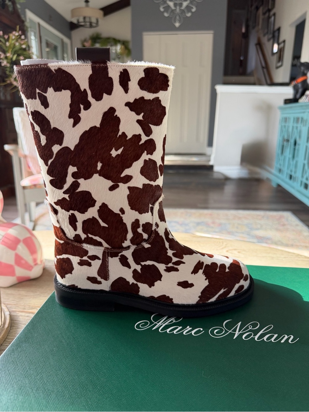 Cowhide Calf-Hair Mid-Calf Boots in Brown & White - Picture 2 of 5